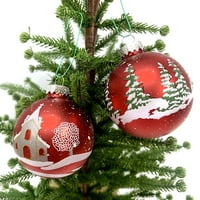 Празнично време Коледа червено село къща и дървета стъклена топка висящи украшение, 4-парче кутия