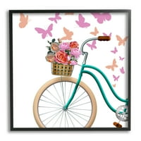 Ступел индустрии лято велосипед цвете кошница Розово пърхащи пеперуди графично изкуство черна рамка изкуство