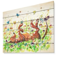 Дизайнарт 'щастливо кафяво куче с цветя и пеперуди' животни живопис печат върху естествена борова дървесина